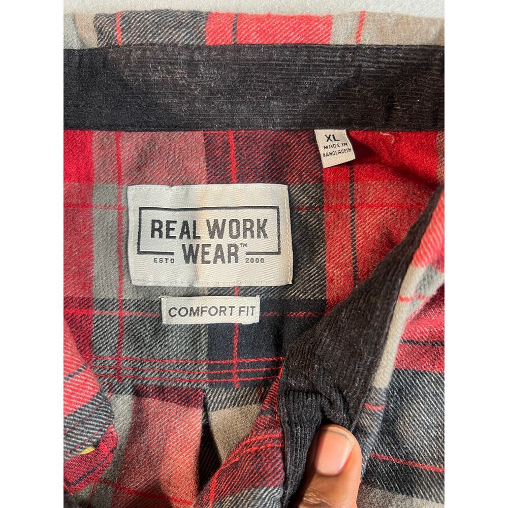 X-Large Men's Real Work Wear Flannel Button Down Shirt Red Gray Plaid Size